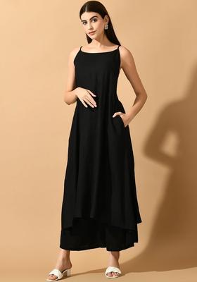 Black Solid Viscose A Line Kurta Sets