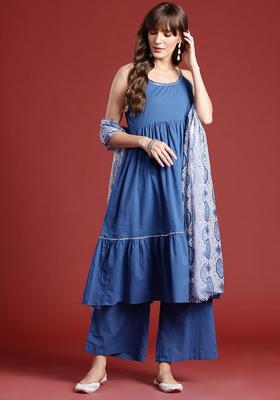 Navy Blue Solid Cotton Straight Kurta Sets