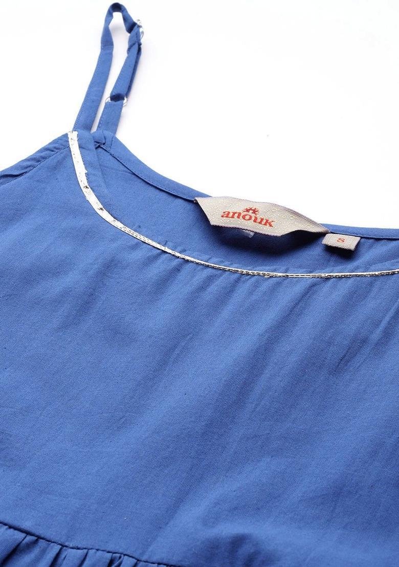 Navy Blue Solid Cotton Straight Kurta Sets - Indya