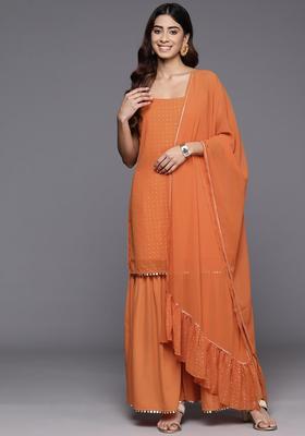 Orange Printed Georgette Straight Kurta Sets
