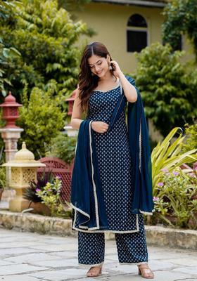 Blue Printed Cotton Straight Kurta Sets