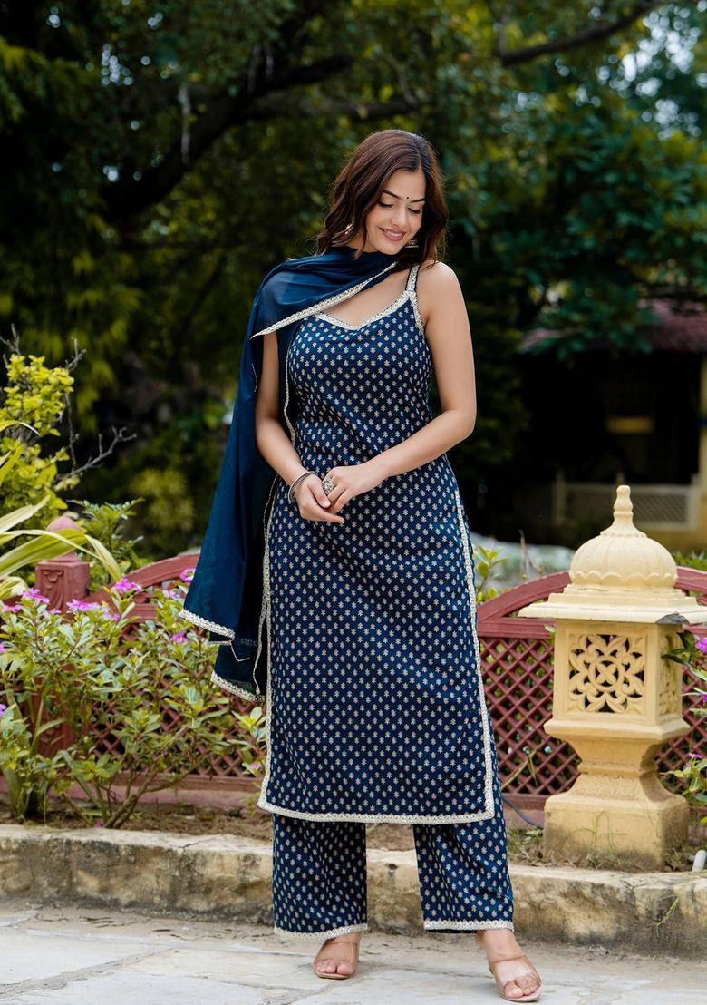 Blue Printed Cotton Straight Kurta Sets - Indya