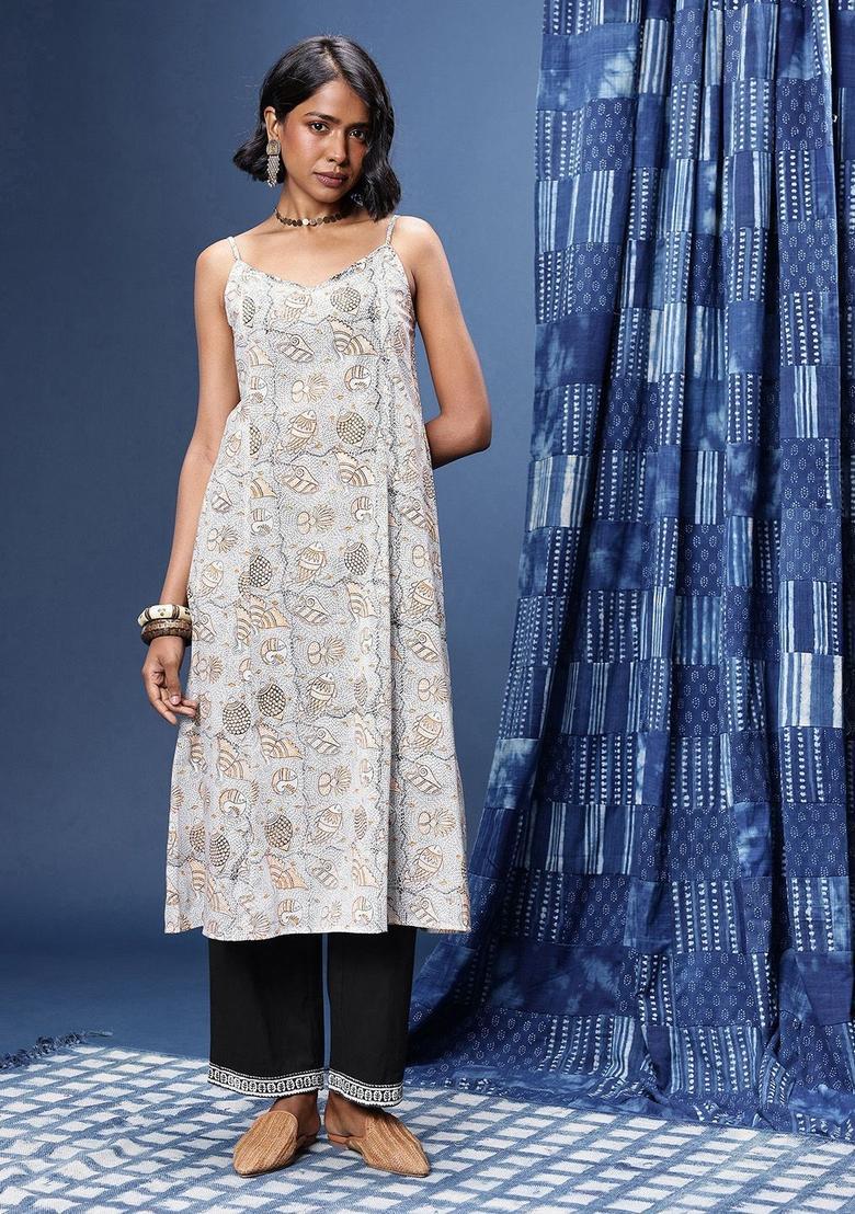 White Printed Cotton A Line Kurta Sets - Indya