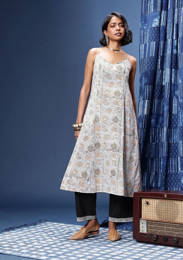 White Printed Cotton A Line Kurta Sets - Indya