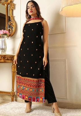Black Embroidered Georgette A Line Kurta Sets