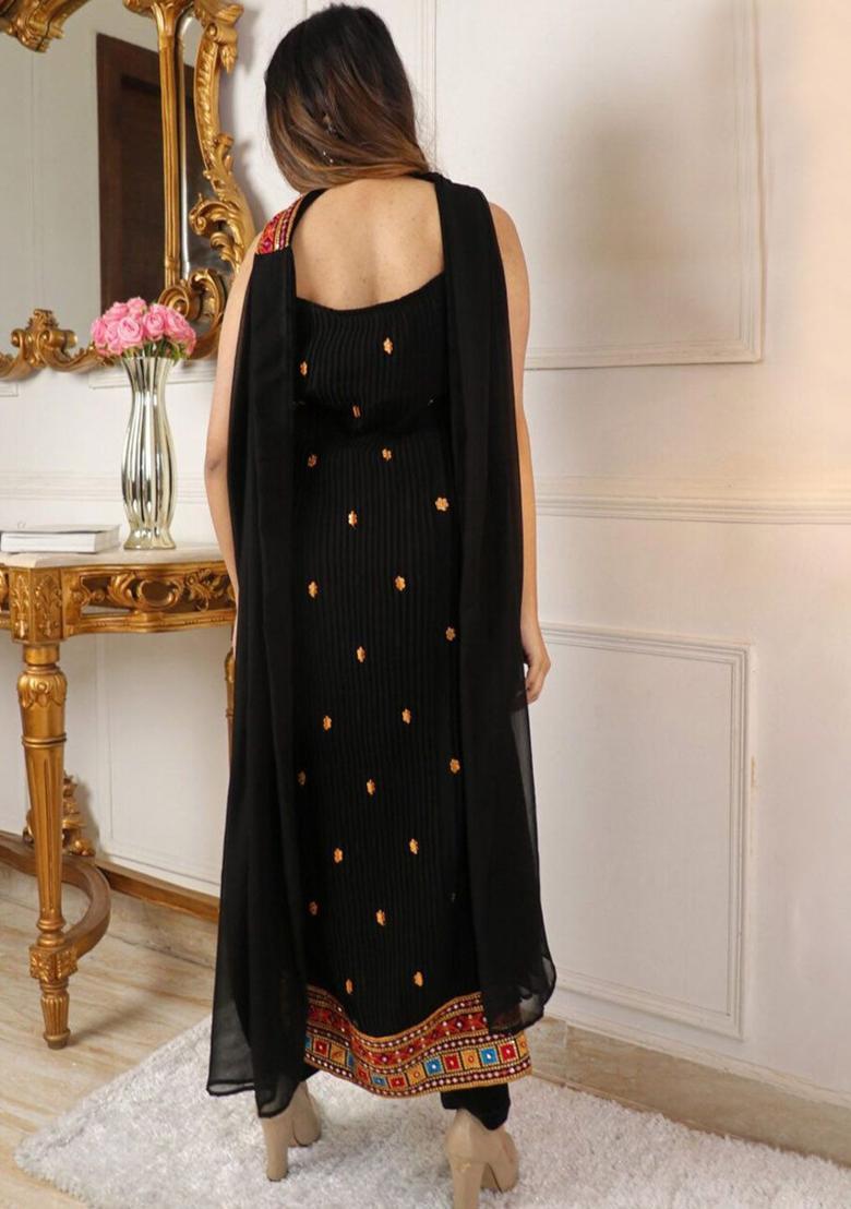 Black Embroidered Georgette A Line Kurta Sets - Indya