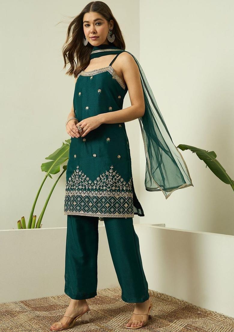 Green Embroidered Georgette Straight Kurta Sets - Indya