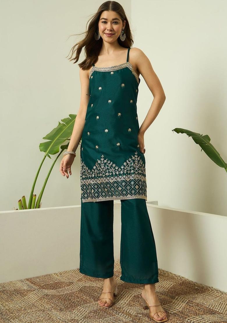 Green Embroidered Georgette Straight Kurta Sets - Indya