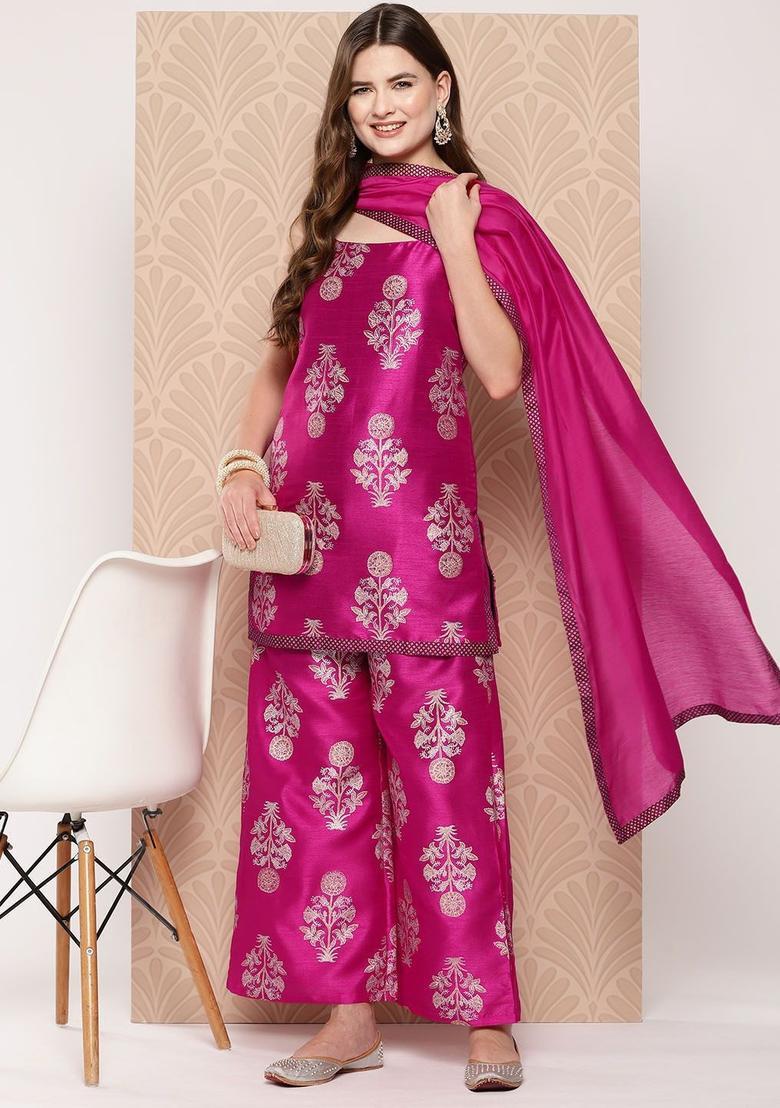 Pink Printed Silk Straight Kurta Sets - Indya