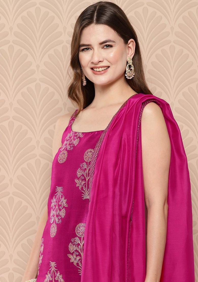 Pink Printed Silk Straight Kurta Sets - Indya