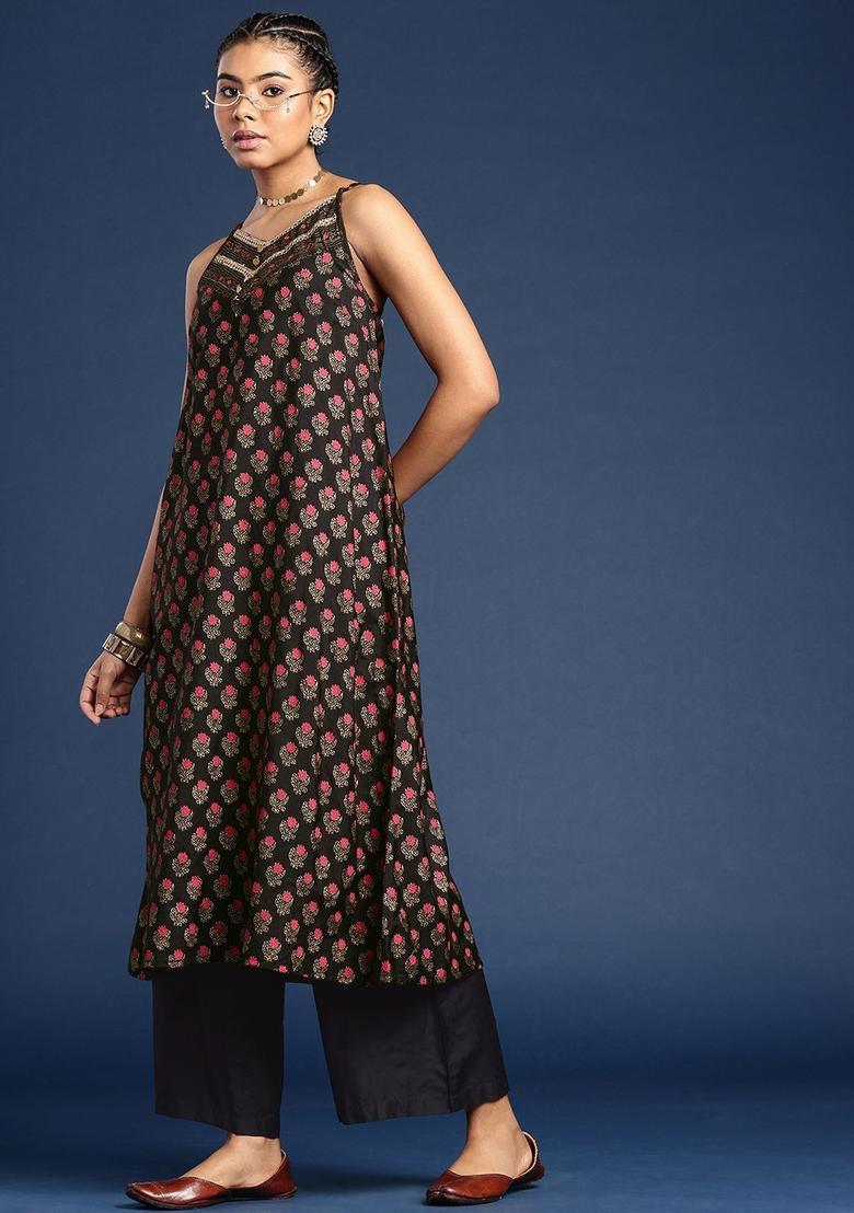Black Printed Viscose A Line Kurta Sets - Indya
