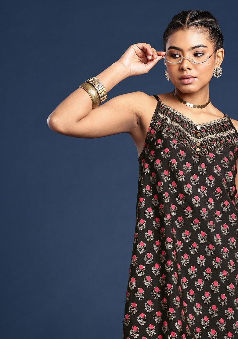 Black Printed Viscose A Line Kurta Sets - Indya