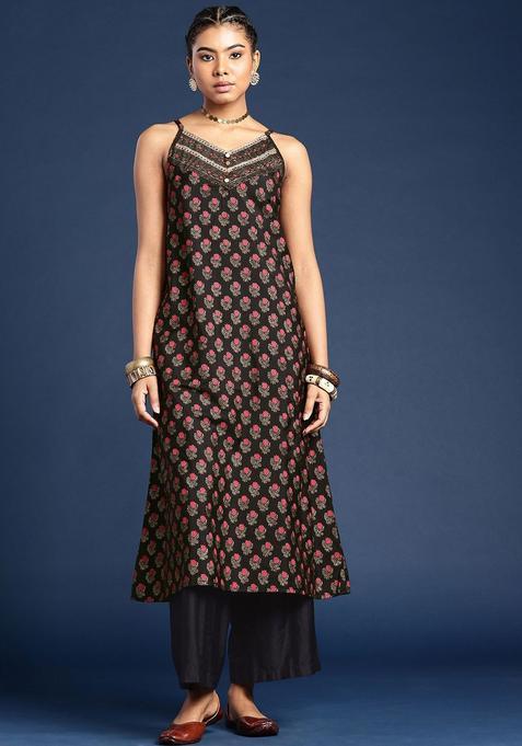 Black Printed Viscose A Line Kurta Sets — view on Indya