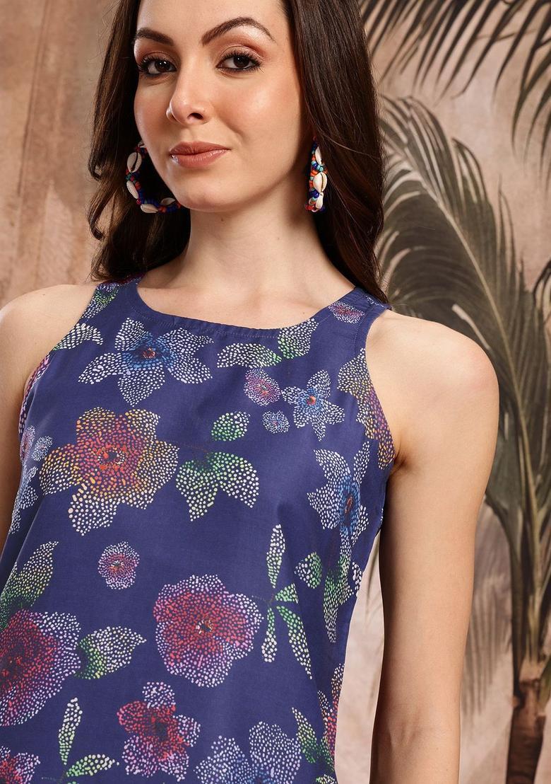 Navy Blue Printed Cotton A Line Kurta Sets - Indya