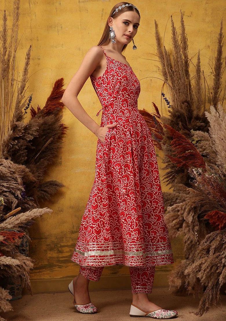 Red Printed Viscose Anarkali Sets - Indya