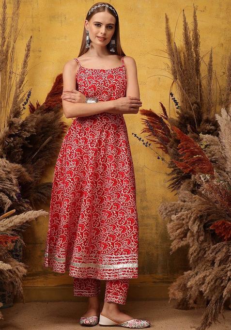 Red Printed Viscose Anarkali Sets — view on Indya
