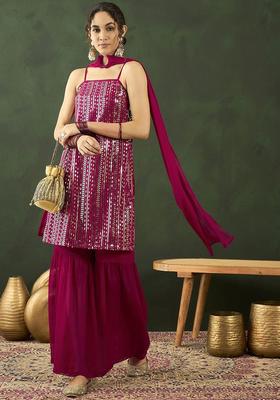 Magenta Embroidered Georgette Straight Kurta Sets