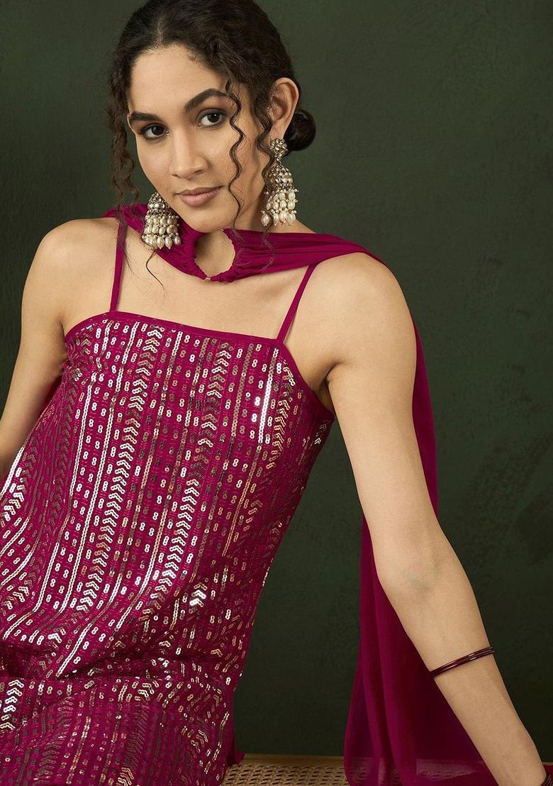 Magenta Embroidered Georgette Straight Kurta Sets - Indya