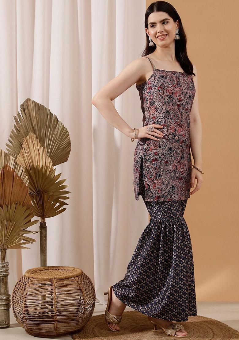 Blue Printed Silk Straight Kurta Sets - Indya