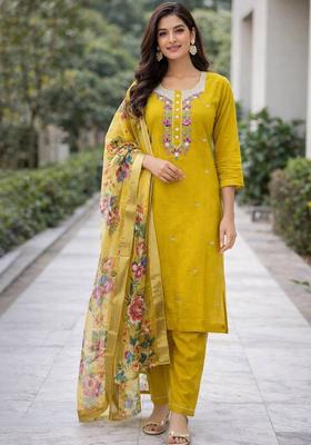 Yellow Embroidered Viscose Straight Kurta Sets