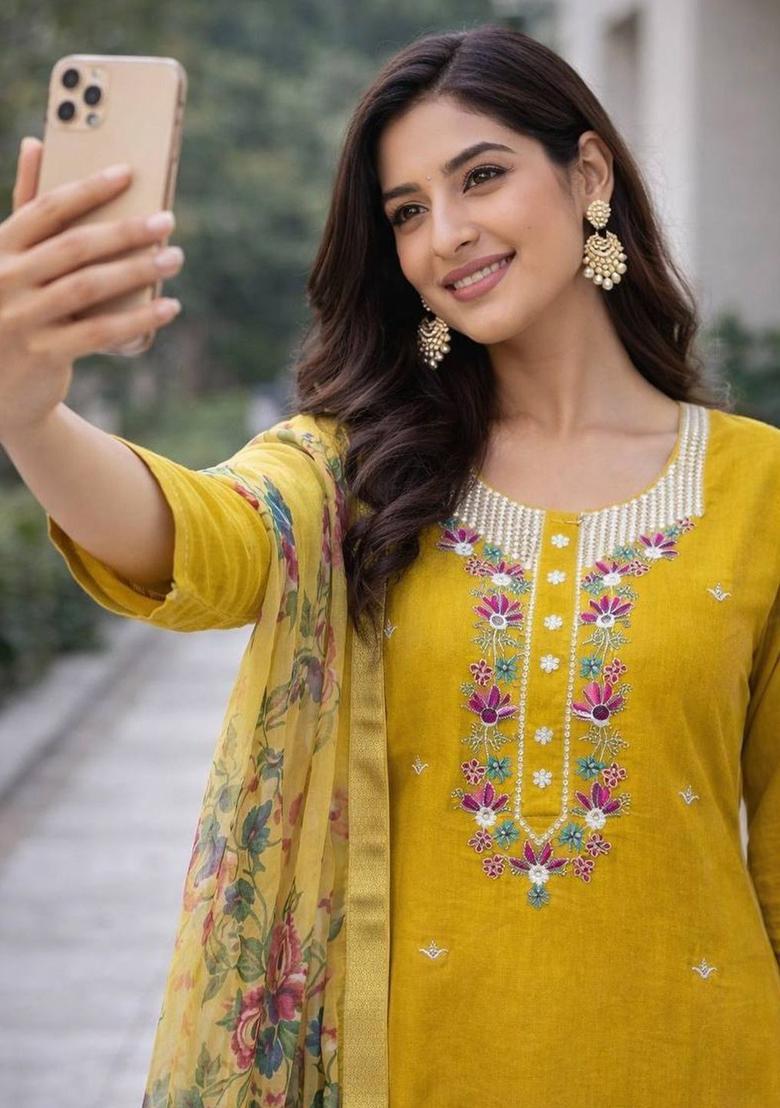 Yellow Embroidered Viscose Straight Kurta Sets - Indya