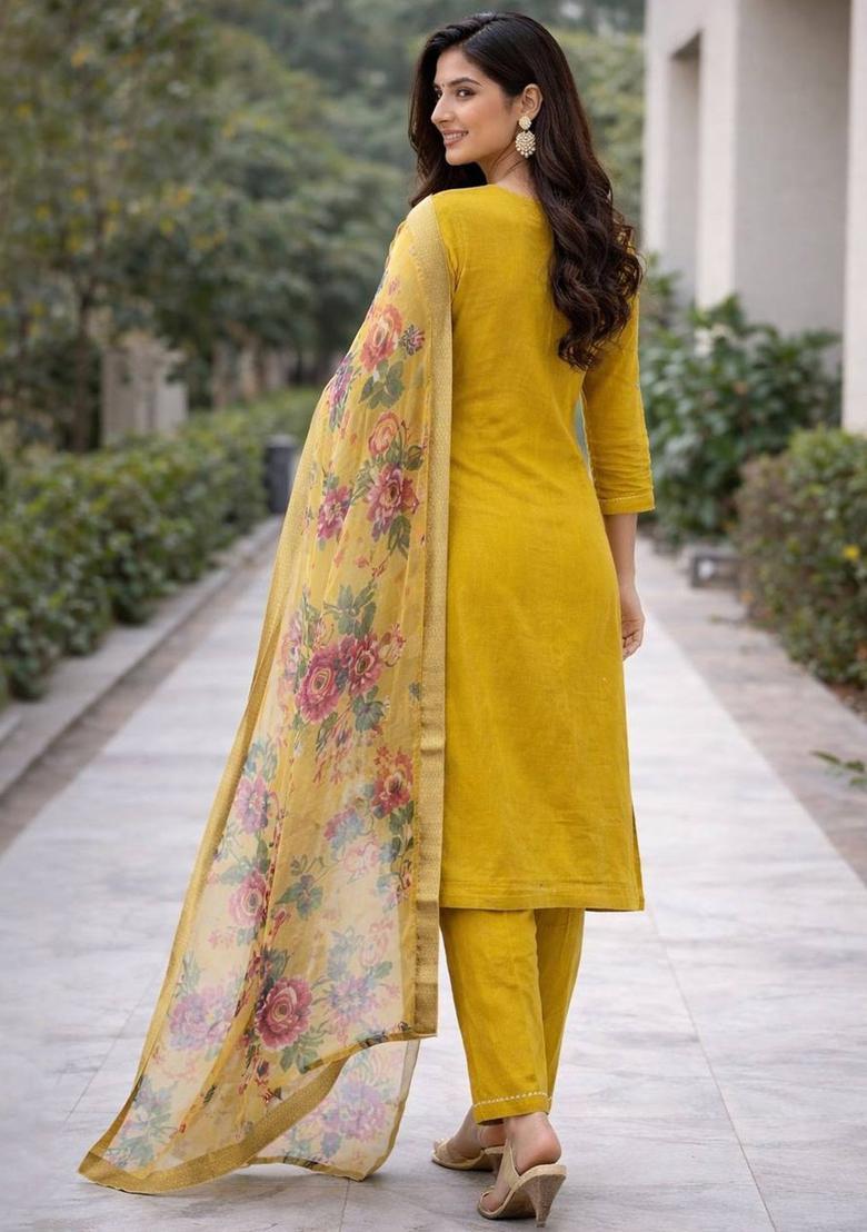 Yellow Embroidered Viscose Straight Kurta Sets - Indya