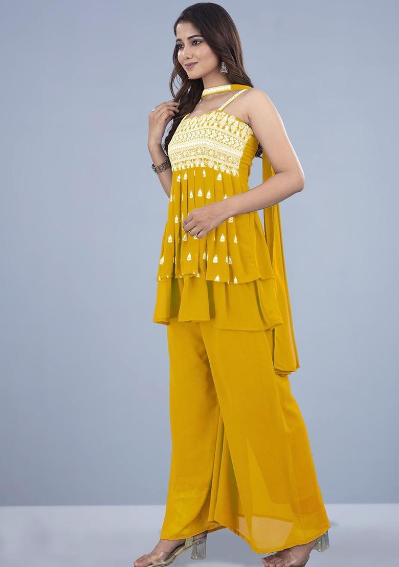 Yellow Embroidered Georgette Anarkali Sets - Indya