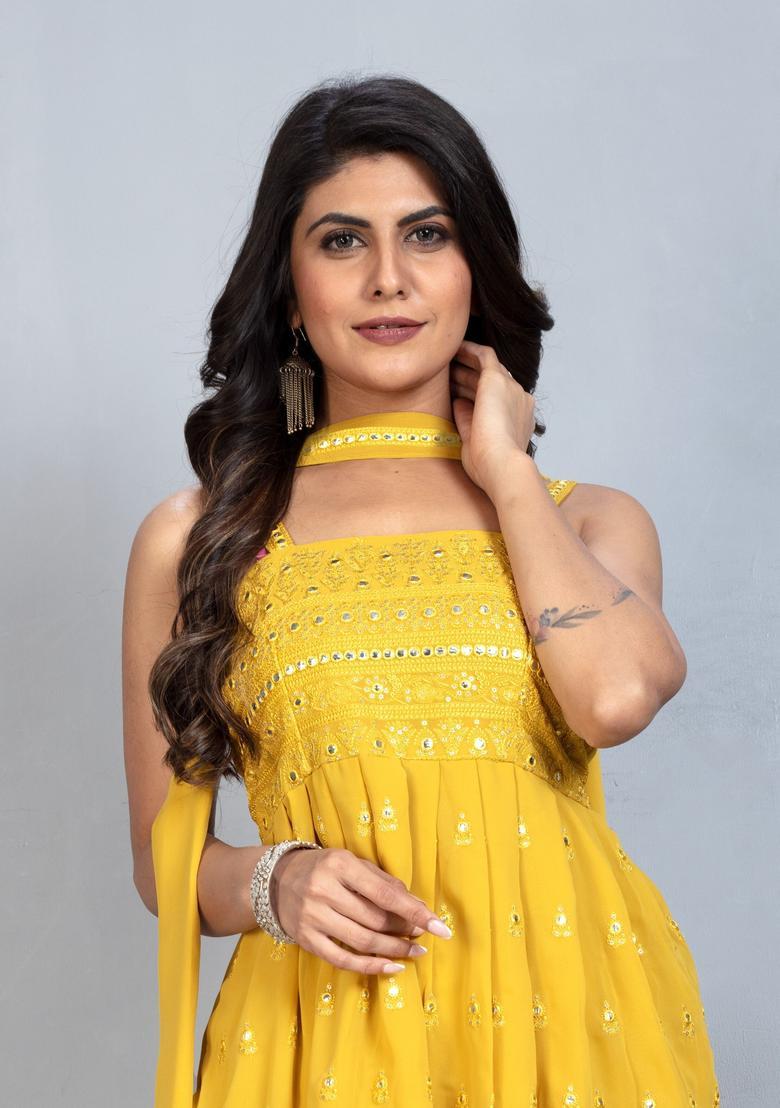 Yellow Embroidered Georgette Anarkali Sets - Indya