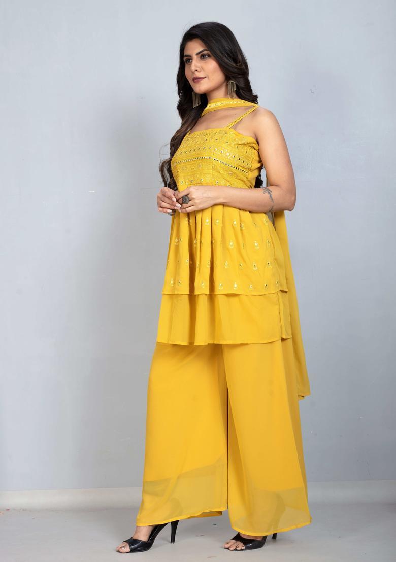 Yellow Embroidered Georgette Anarkali Sets - Indya
