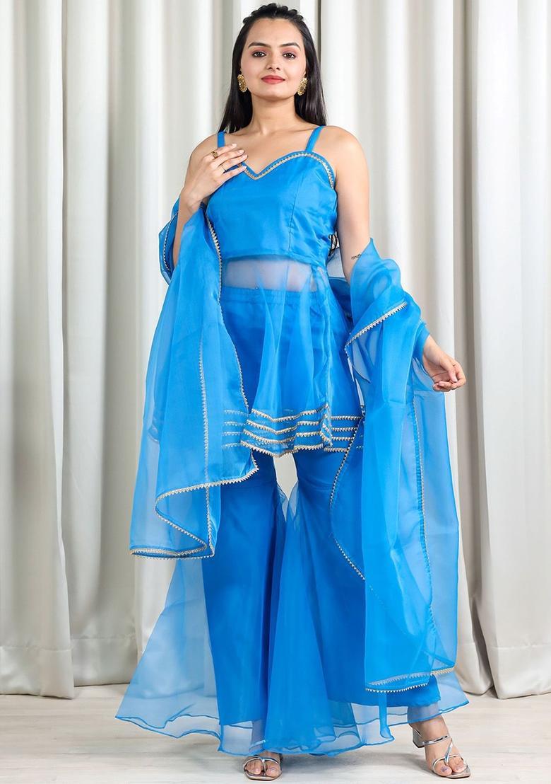 Blue Solid Organza A Line Kurta Sets - Indya