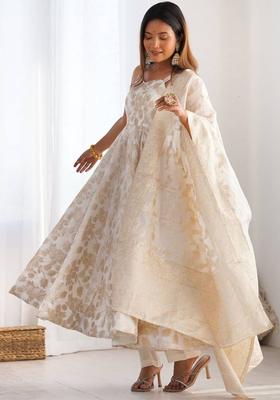 Off White Embroidered Silk Anarkali Sets