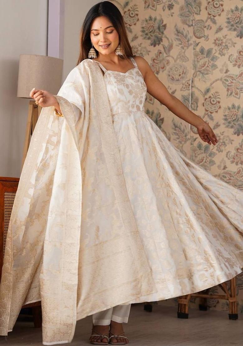 Off White Embroidered Silk Anarkali Sets - Indya