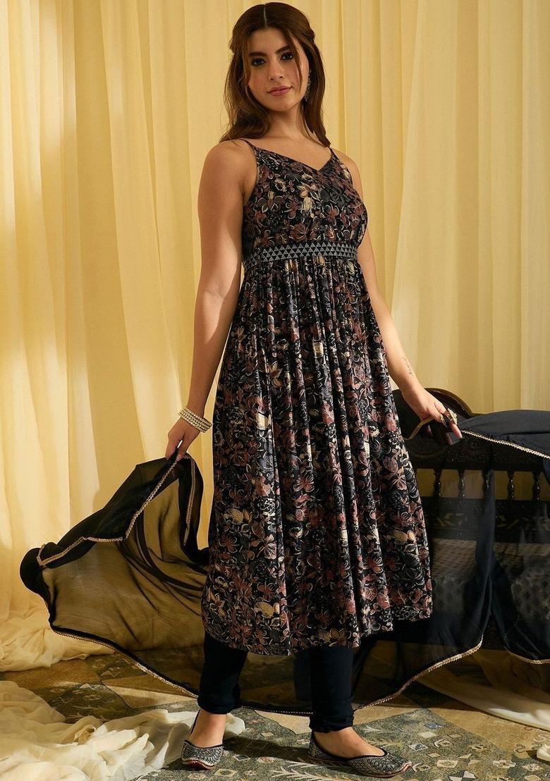 Black Printed Viscose A Line Kurta Sets - Indya