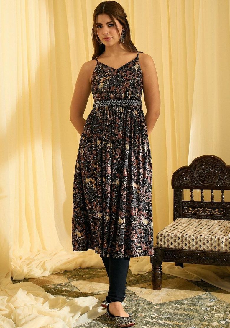 Black Printed Viscose A Line Kurta Sets - Indya