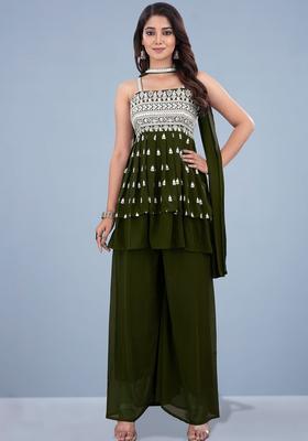 Olive Embroidered Georgette Anarkali Sets