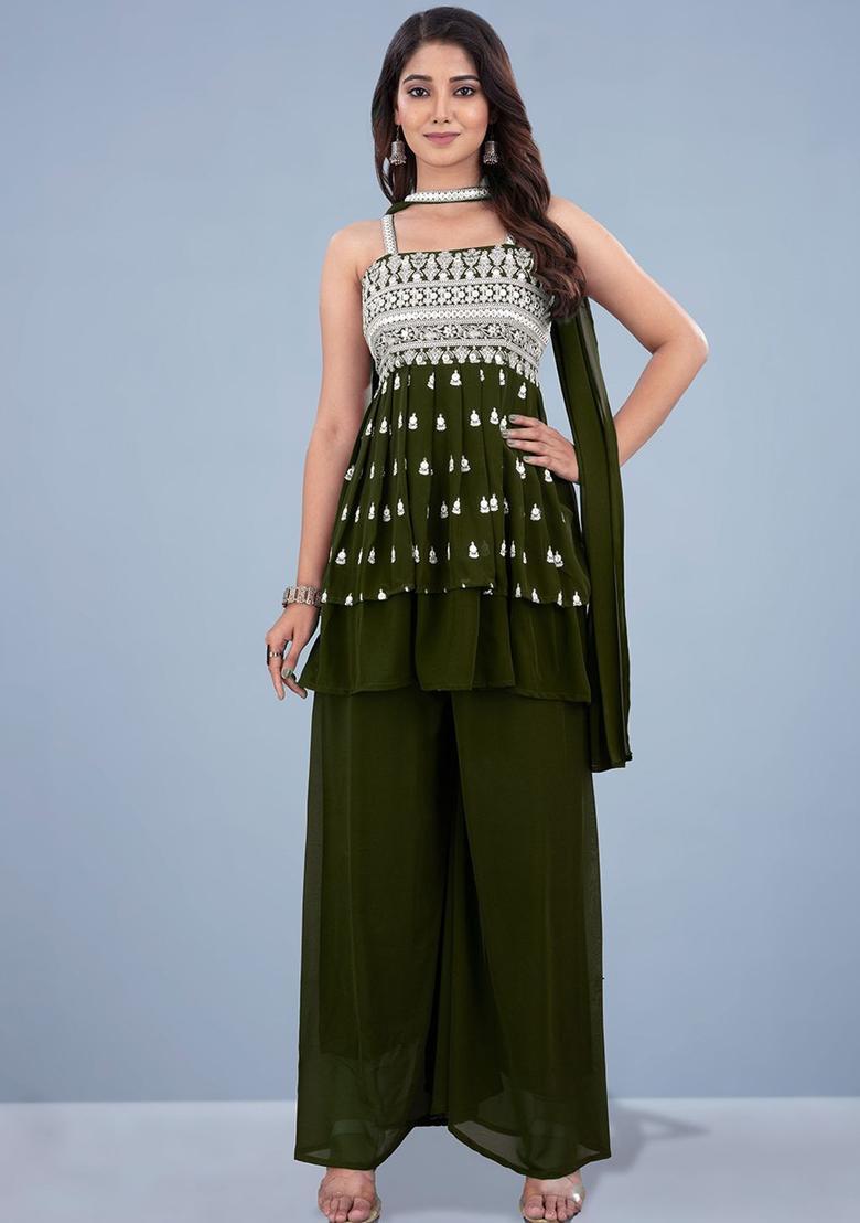 Olive Embroidered Georgette Anarkali Sets - Indya