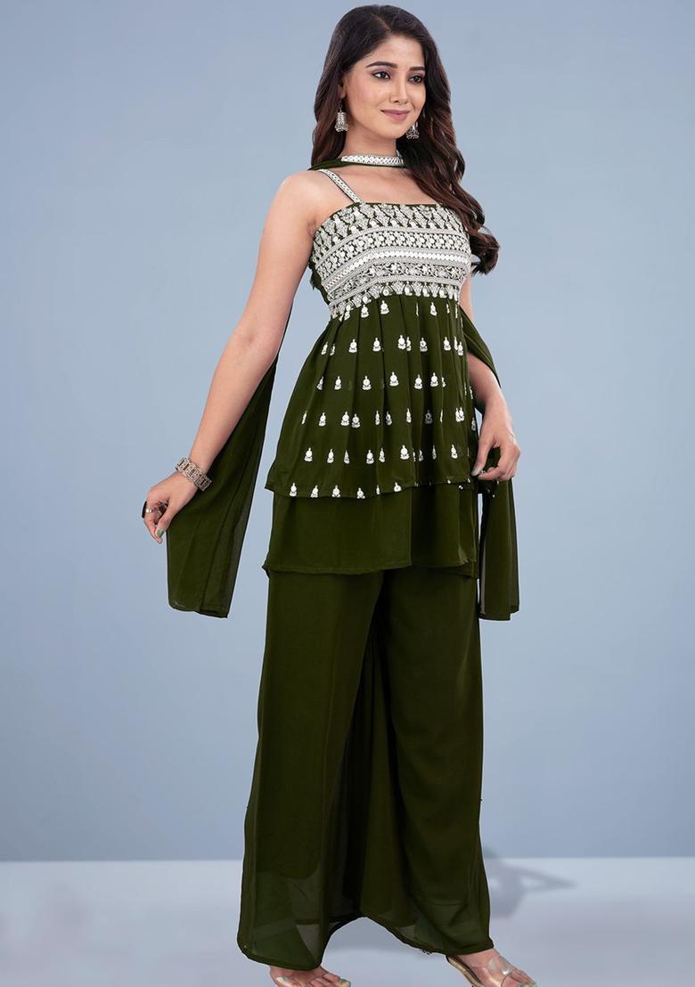 Olive Embroidered Georgette Anarkali Sets - Indya