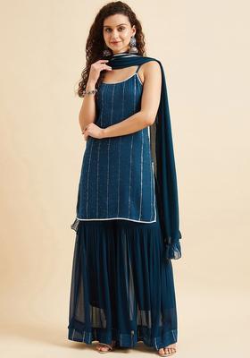 Teal Embroidered Georgette Straight Kurta Sets