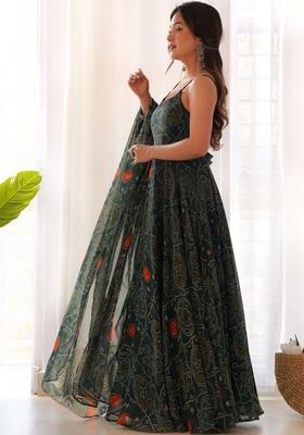 Green Printed Silk Anarkali Sets