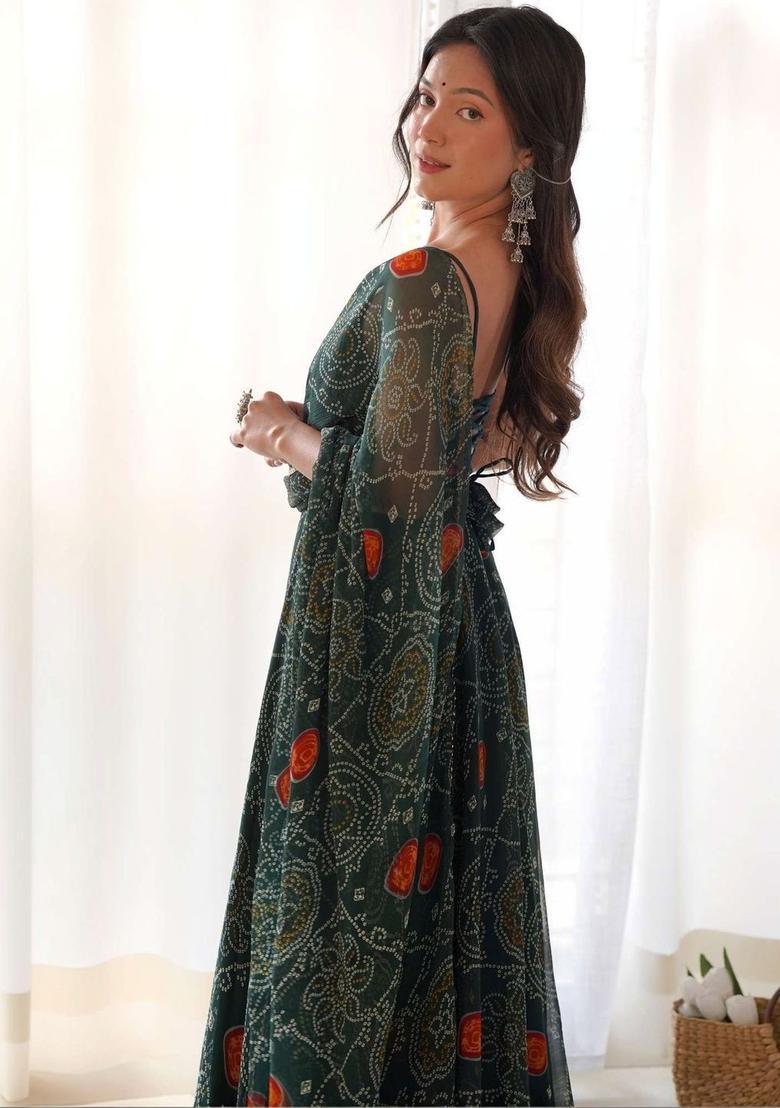 Green Printed Silk Anarkali Sets - Indya