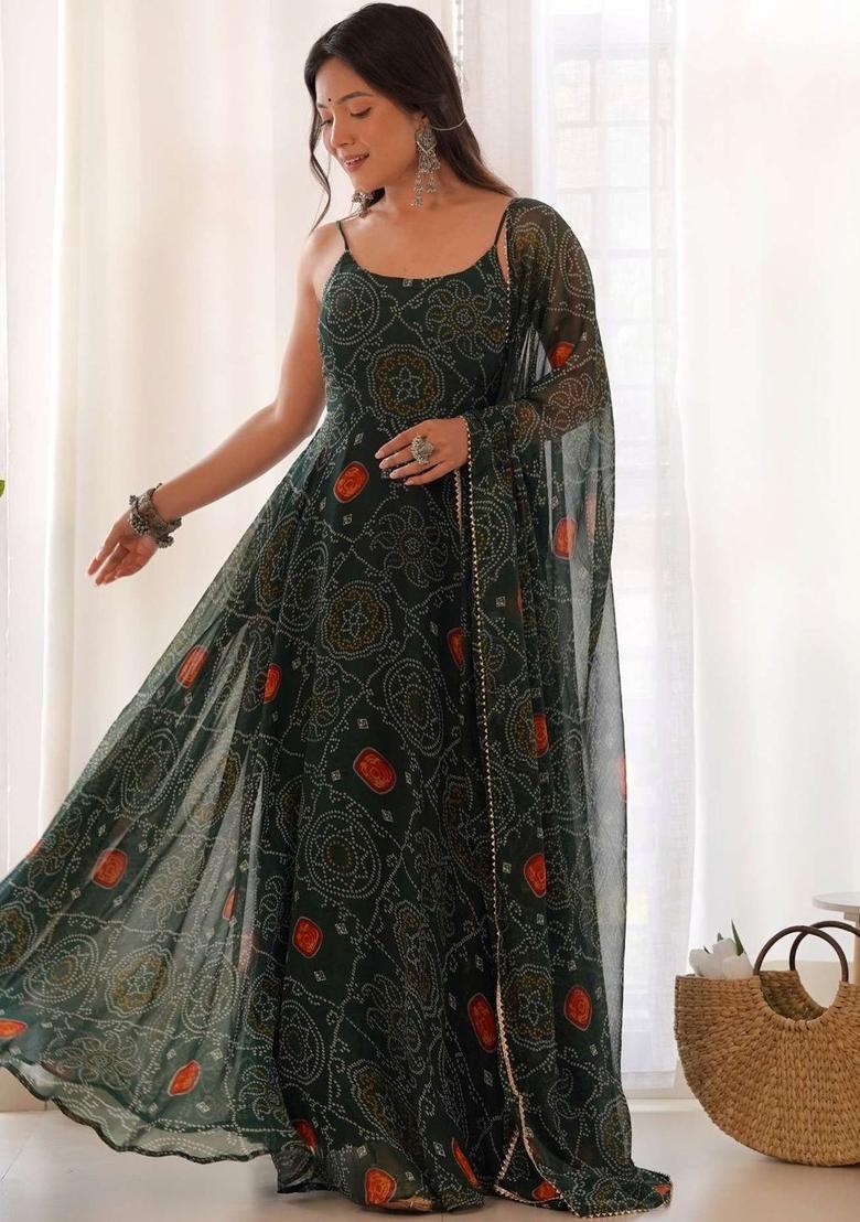 Green Printed Silk Anarkali Sets - Indya