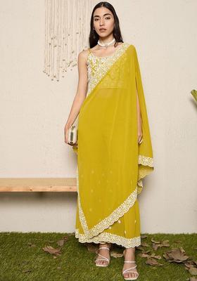 Yellow Embroidered Georgette Straight Kurta Sets