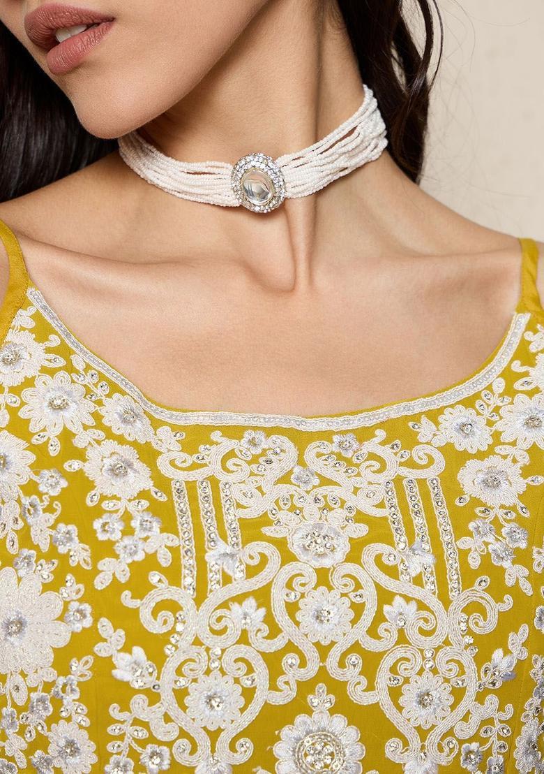 Yellow Embroidered Georgette Straight Kurta Sets - Indya