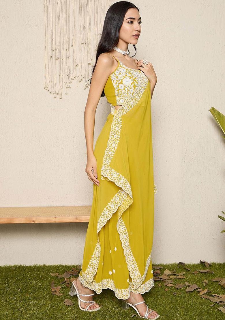 Yellow Embroidered Georgette Straight Kurta Sets - Indya