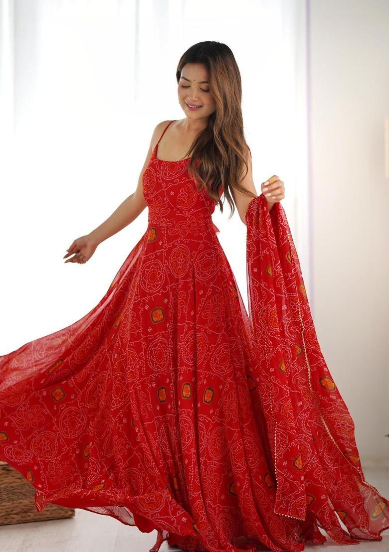 Red Printed Silk Anarkali Sets - Indya