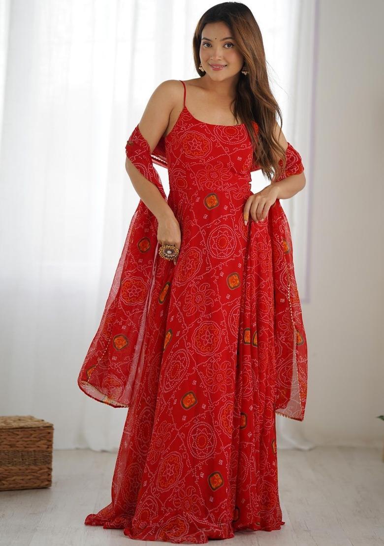Red Printed Silk Anarkali Sets - Indya