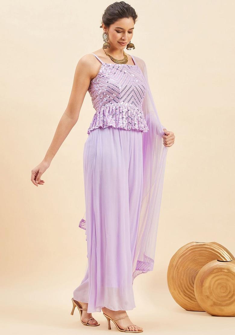 Purple Embroidered Georgette Anarkali Sets - Indya