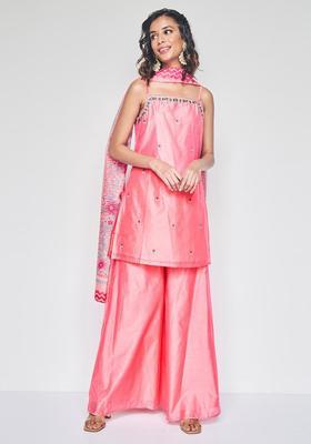 Pink Embroidered Viscose Straight Kurta Sets