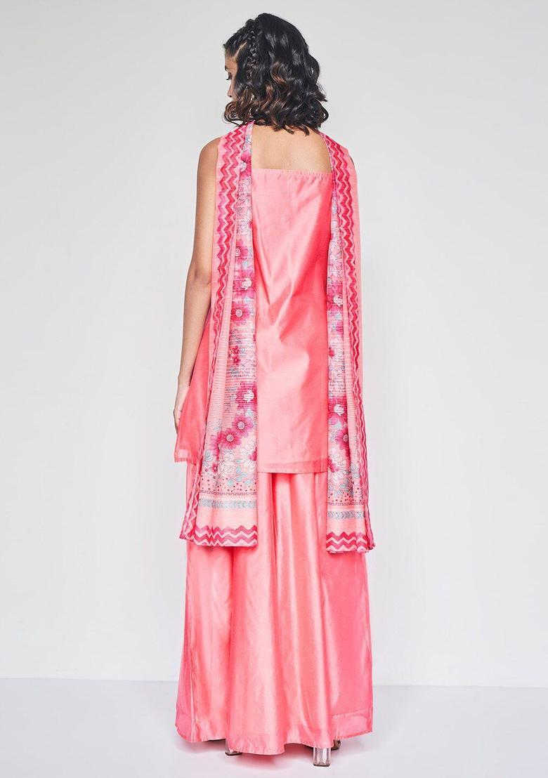 Pink Embroidered Viscose Straight Kurta Sets - Indya