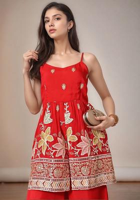 Red Embroidered Tissue A Line Kurta Sets
